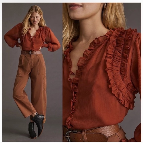 Forever That Girl Medium Copper Ruffled Blouse Romantic Bohemian Sheer Boho S - Picture 2 of 16